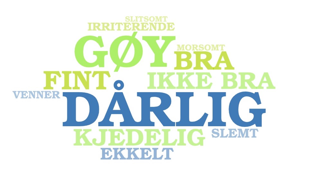 Eksempel på ordsky. Inneholder følgende ord: Gøy, Dårlig, Kjendeli, Ekkelt, Slempt, Venner, Fint, Ikke bra, Morsomt, Bra, Irriterende, slitsomt